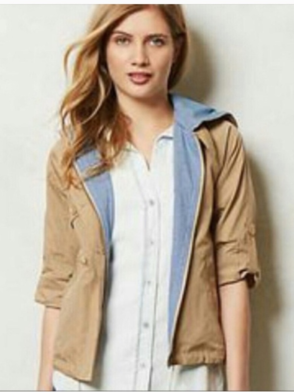 Anthropologie Isani Hooded Anorak Jacket Khaki Tan Lightweight Roll Sleeve Large